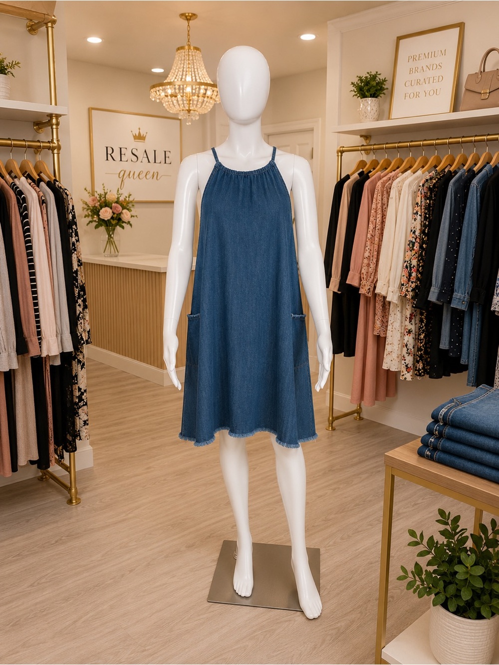 NWOT Old Navy Blue Denim Halter Midi Dress with Pockets